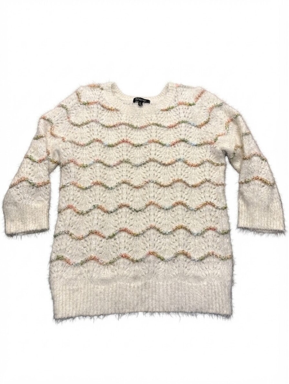 Relativity Womens Medium Fuzzy Eyelash Knit Sweater White Pastel Wavy Stripe
